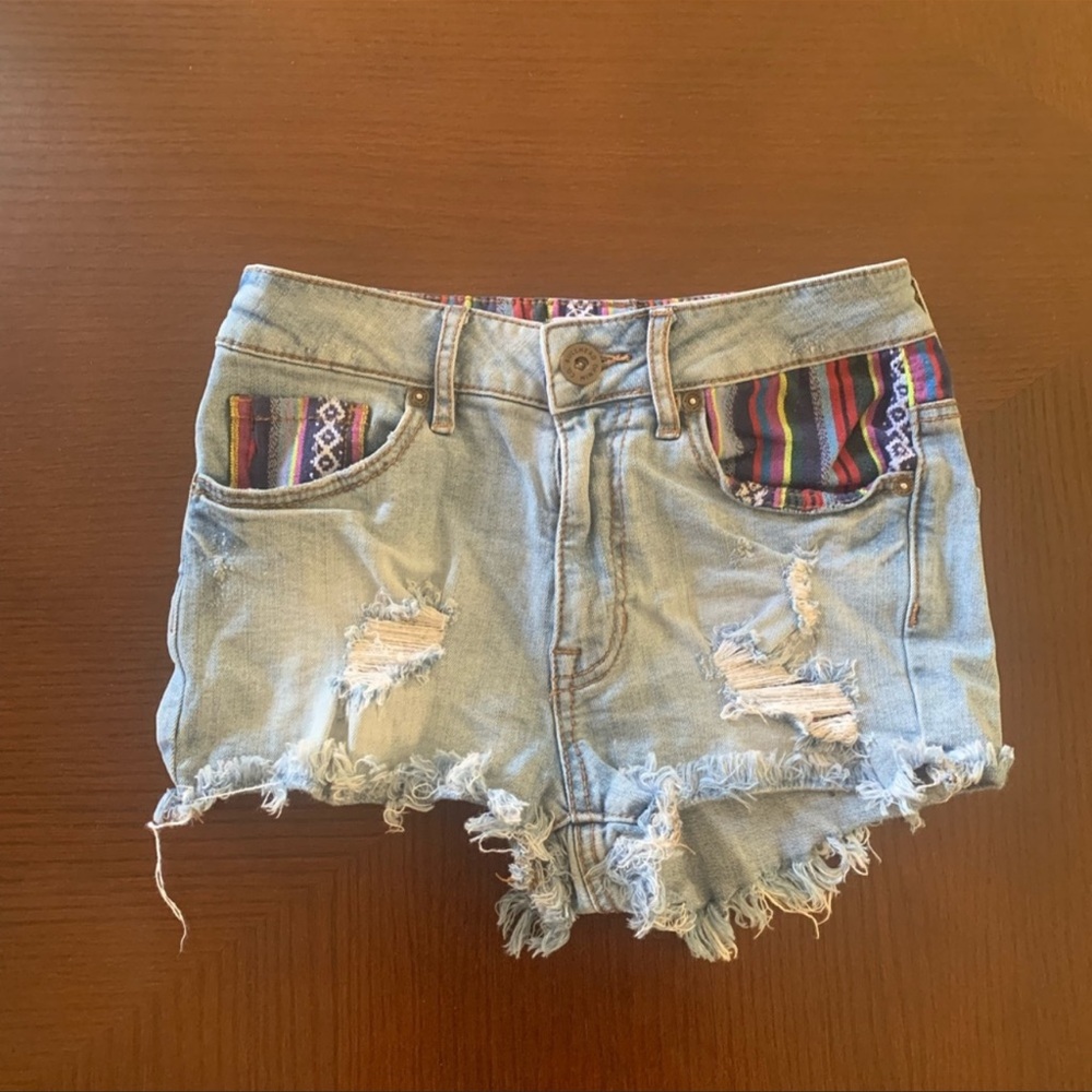 Fun Pattern Distressed Jean Shorts